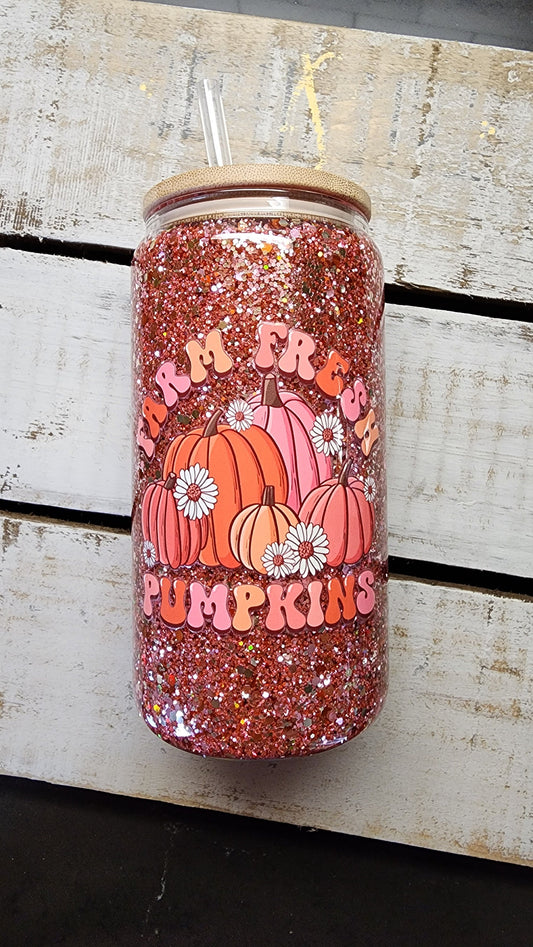 Snow Globe Glass Can - Farm Fresh Pumpkins - Glitter Cup