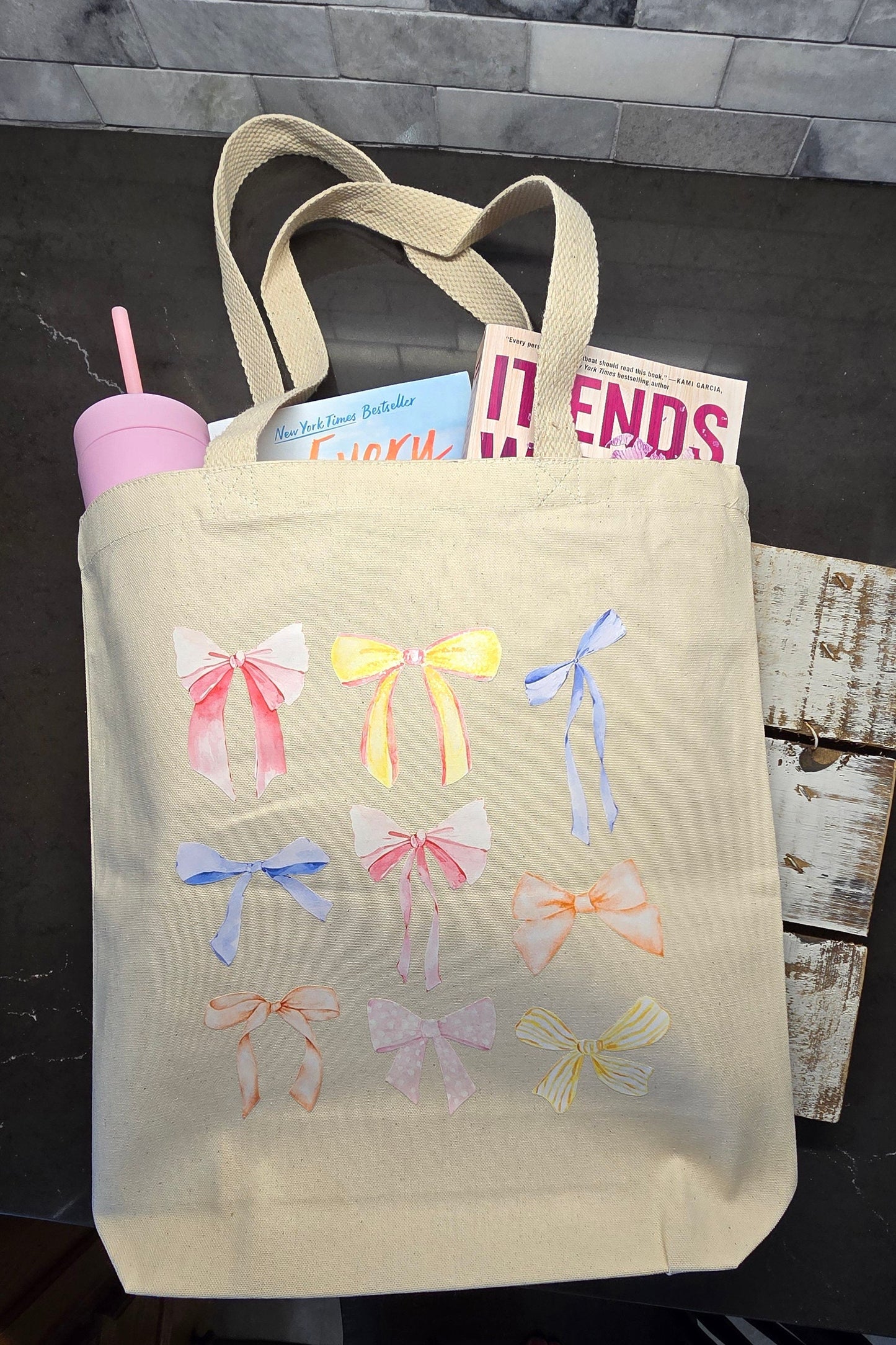 Cute Canvas Tote with Decorative Bows | Book and Errand Tote