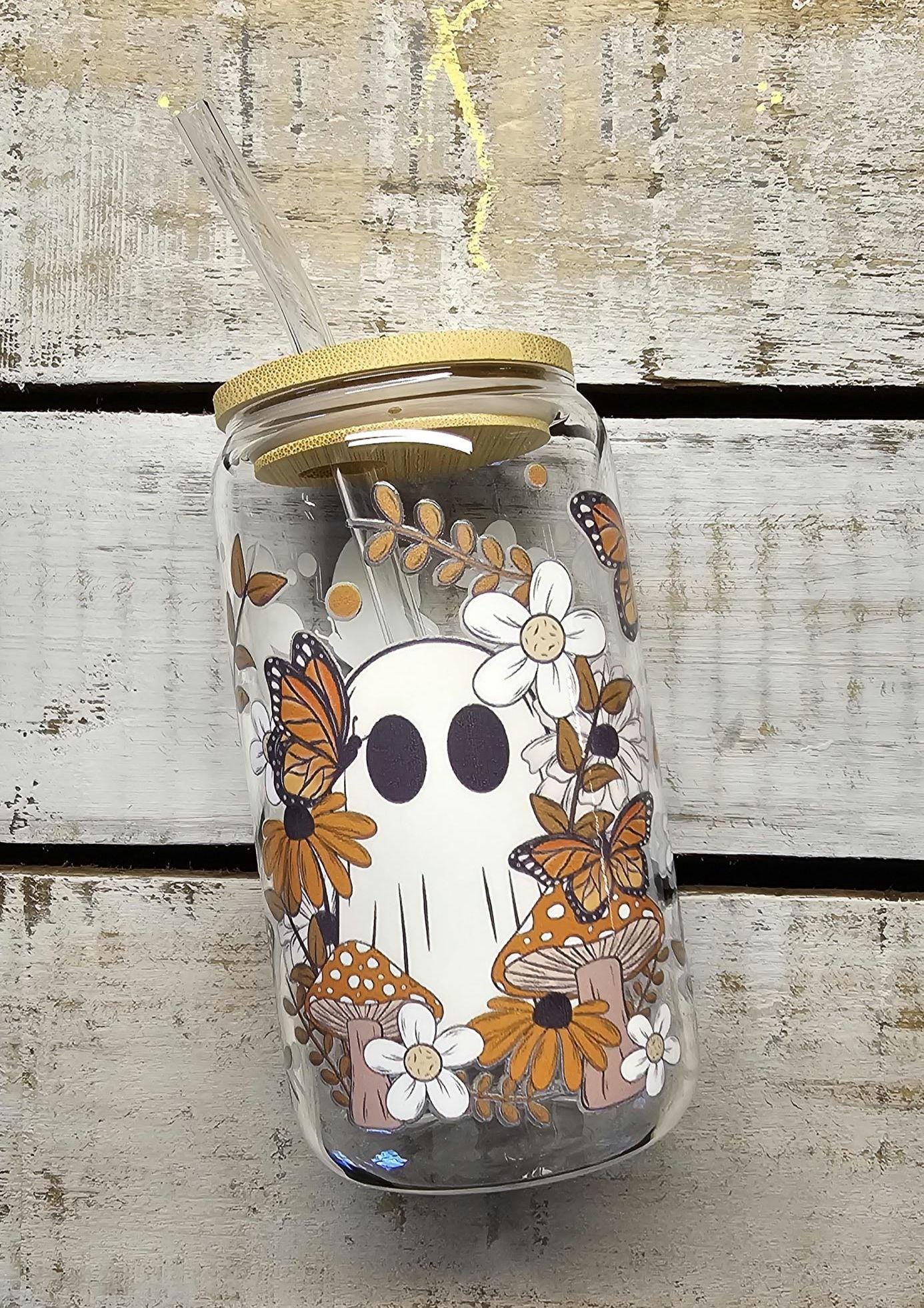 Boho Ghost Monarch Butterfly Mushroom Floral Can Cup Bamboo Lid and Glass Straw-16oz