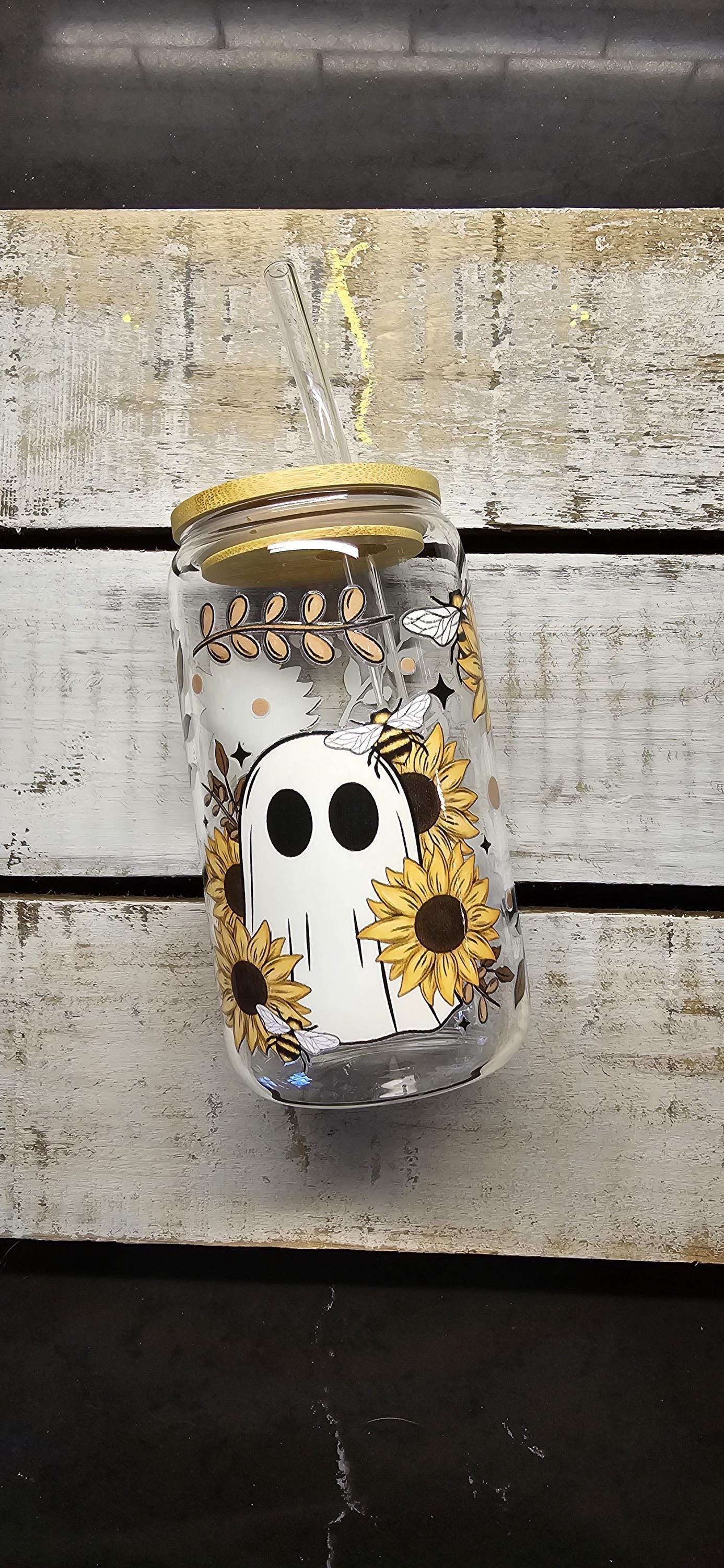 LAST ONE! Boho Ghost Sunflower Floral Can Cup Bamboo Lid and Glass Straw-16oz