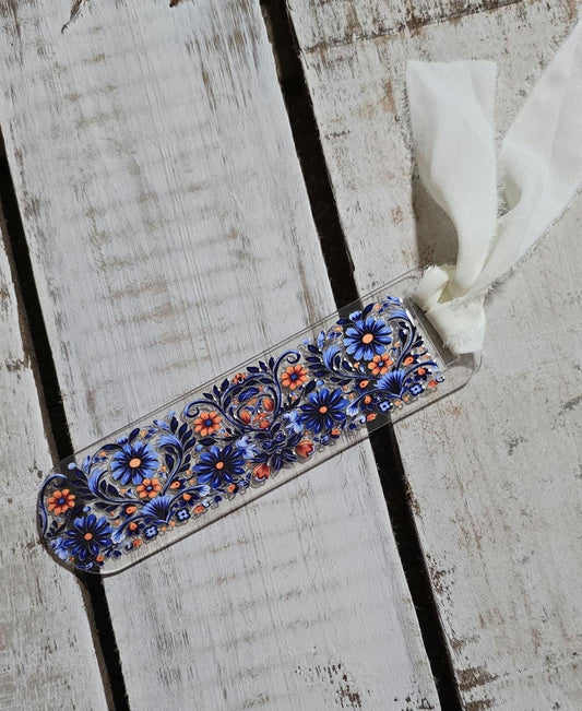 Acrylic Bookmark with Ribbon - Blue Floral